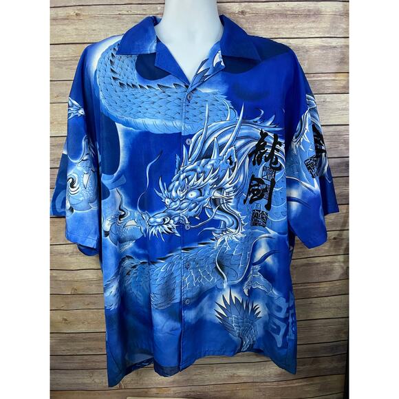 L.A. BEAT Dragon Print Hawaiian Shirt 2XL Blue Asian Style Bold Graphic Button - Picture 1 of 9